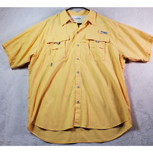 Columbia PFG Fishing Shirt Mens Large Yellow Long Sleeve Logo Collar Button Down